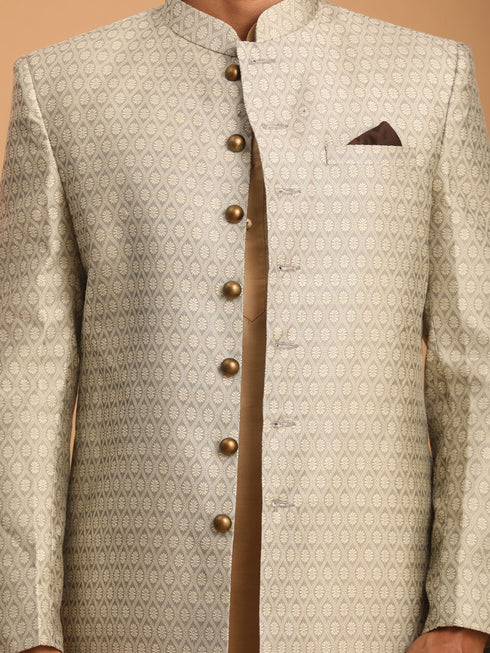Vastramay Men's Beige Silk Blend Sherwani With Rose Gold Kurta Pant Set